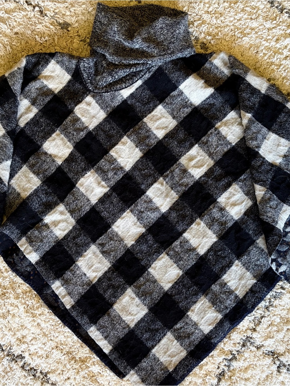 Anthropologie Black and Gray Plaid Turtleneck Poncho